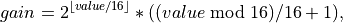 gain = 2^{\lfloor value/16 \rfloor}*((value\bmod 16)/16+1),